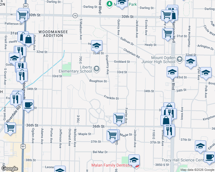 map of restaurants, bars, coffee shops, grocery stores, and more near 3369 Gramercy Avenue in Ogden