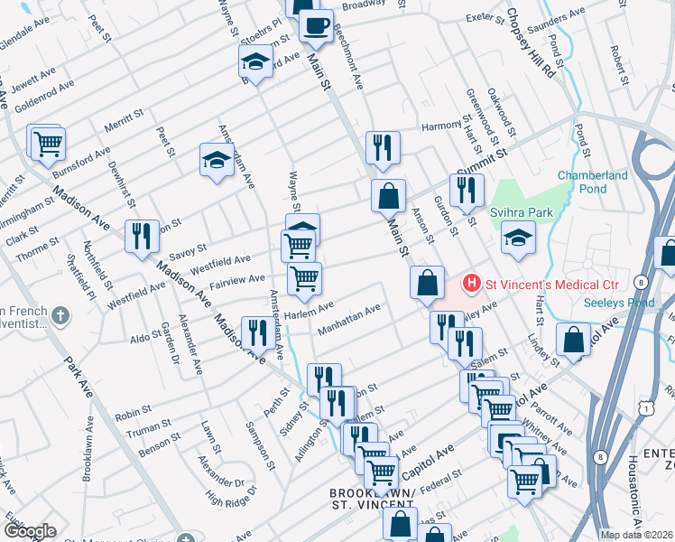 map of restaurants, bars, coffee shops, grocery stores, and more near 443 Fairview Avenue in Bridgeport