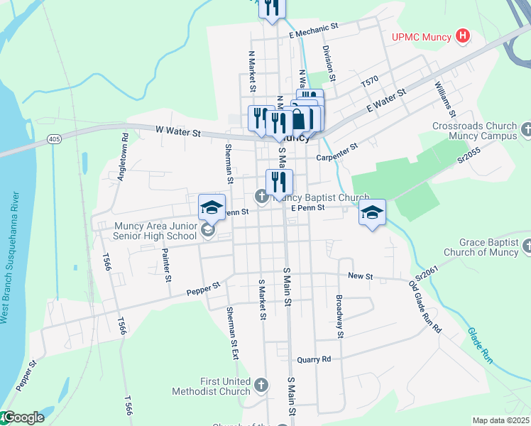 map of restaurants, bars, coffee shops, grocery stores, and more near Mc Carty Alley in Muncy