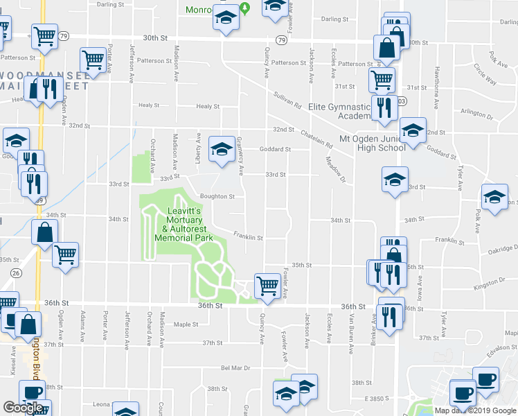 map of restaurants, bars, coffee shops, grocery stores, and more near 3377 Quincy Avenue in Ogden