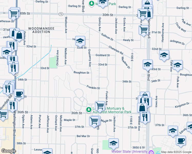 map of restaurants, bars, coffee shops, grocery stores, and more near 3377 Quincy Avenue in Ogden