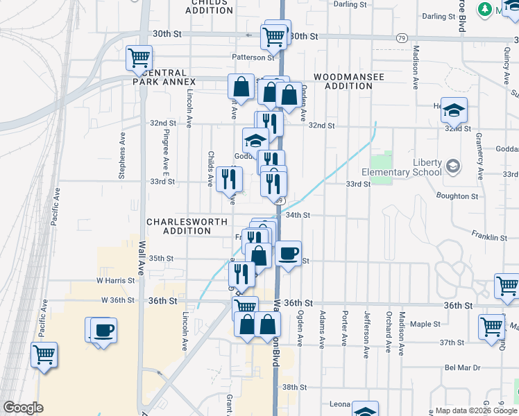 map of restaurants, bars, coffee shops, grocery stores, and more near 358 34th Street in Ogden