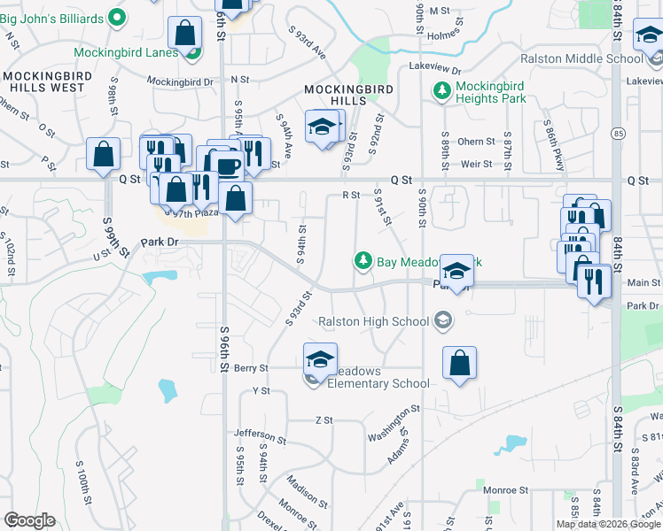 map of restaurants, bars, coffee shops, grocery stores, and more near 5517 South 93rd Street in Omaha