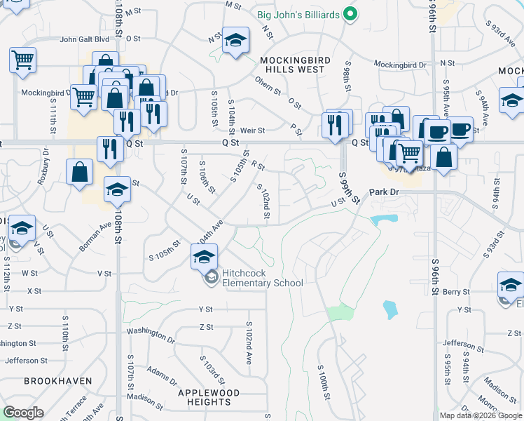 map of restaurants, bars, coffee shops, grocery stores, and more near 5517 South 102nd Street in Omaha