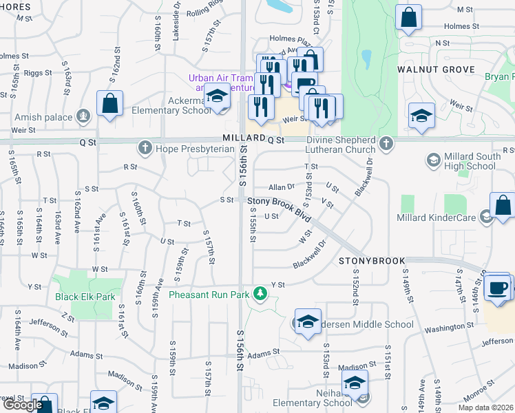 map of restaurants, bars, coffee shops, grocery stores, and more near 5612 South 155th Street in Omaha