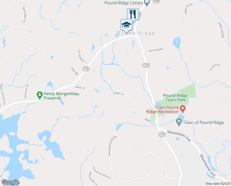 map of restaurants, bars, coffee shops, grocery stores, and more near 53 Pound Ridge Road in Pound Ridge
