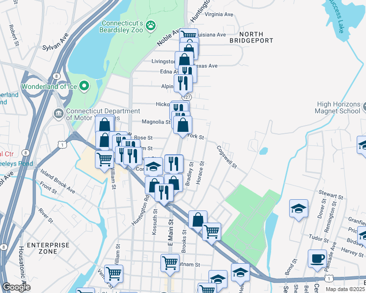 map of restaurants, bars, coffee shops, grocery stores, and more near 2018 East Main Street in Bridgeport