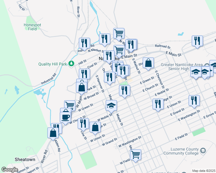 map of restaurants, bars, coffee shops, grocery stores, and more near 34-36 East Broad Street in Nanticoke