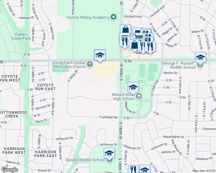 map of restaurants, bars, coffee shops, grocery stores, and more near 18105 Tammy Trail in Omaha
