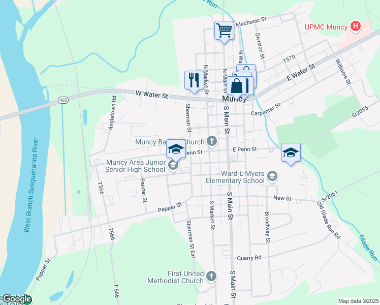 map of restaurants, bars, coffee shops, grocery stores, and more near 200 West Penn Street in Muncy