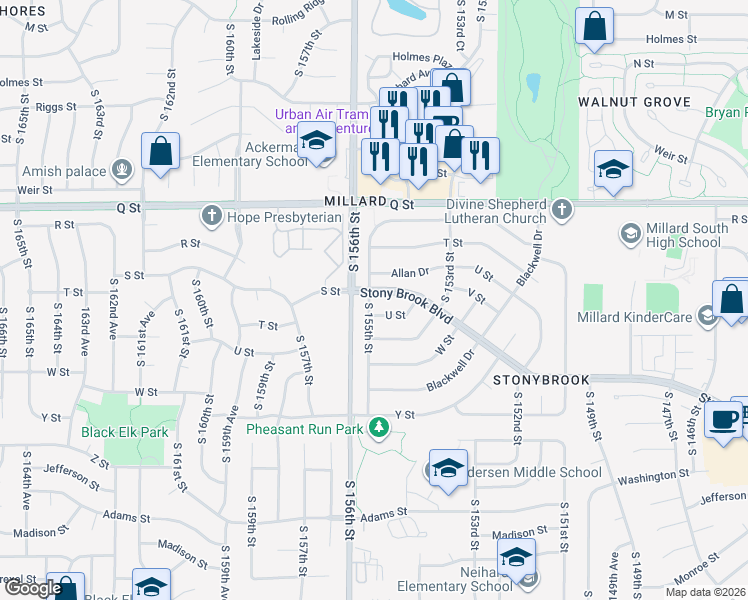 map of restaurants, bars, coffee shops, grocery stores, and more near 5612 South 155th Street in Omaha