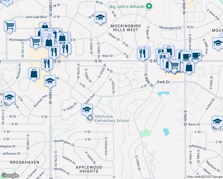 map of restaurants, bars, coffee shops, grocery stores, and more near 5517 South 102nd Street in Omaha