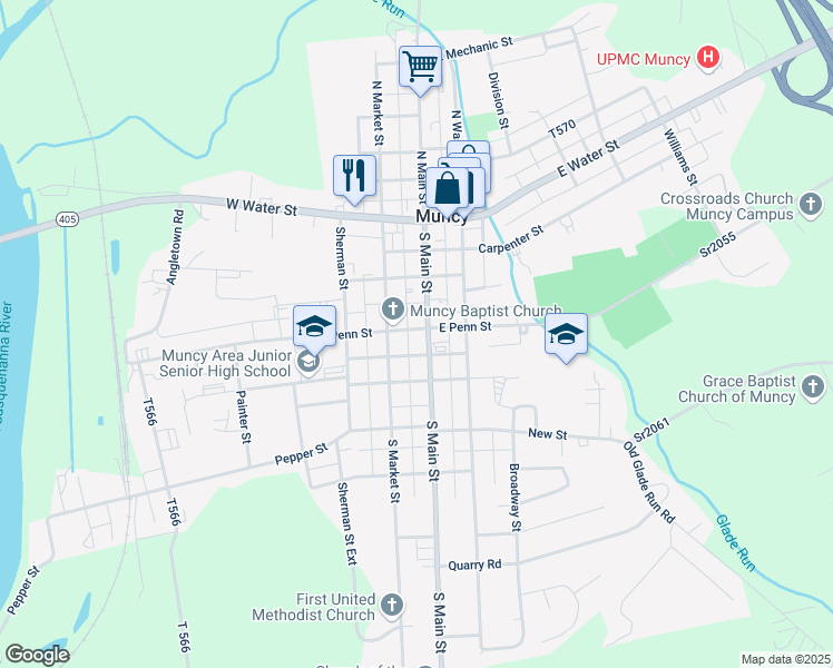 map of restaurants, bars, coffee shops, grocery stores, and more near Mc Carty Alley in Muncy