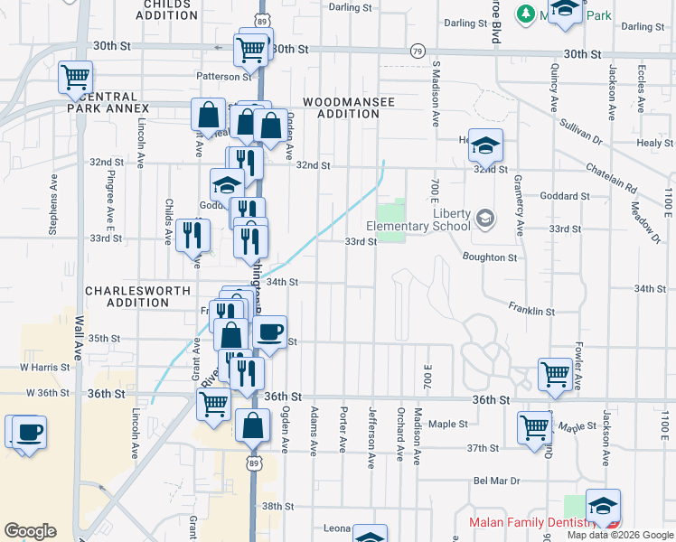 map of restaurants, bars, coffee shops, grocery stores, and more near 516 34th Street in Ogden