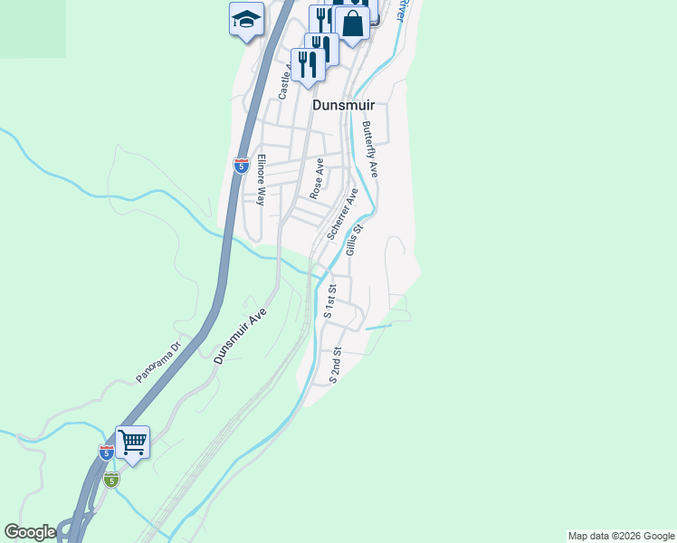 map of restaurants, bars, coffee shops, grocery stores, and more near 107 South 1st Street in Dunsmuir