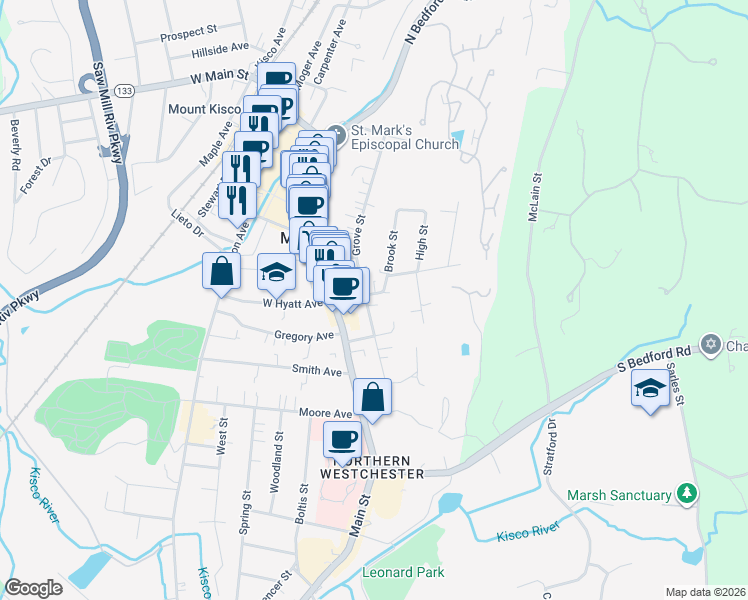 map of restaurants, bars, coffee shops, grocery stores, and more near 170 Grove Street in Mount Kisco