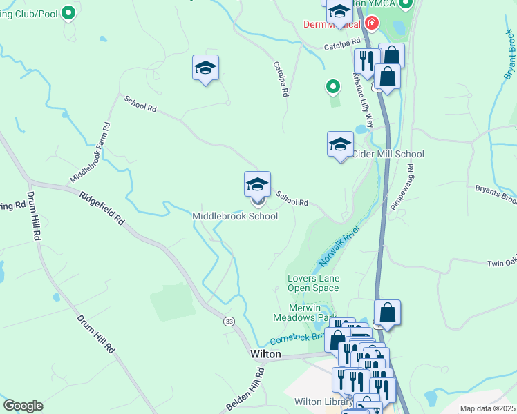 map of restaurants, bars, coffee shops, grocery stores, and more near 131 School Road in Wilton