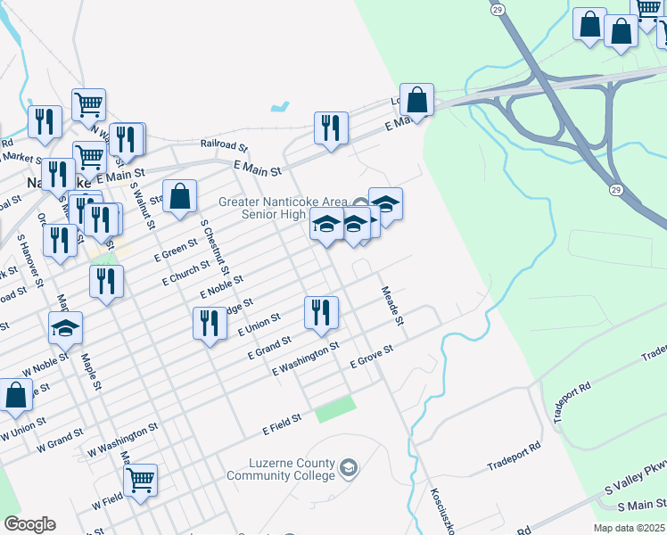 map of restaurants, bars, coffee shops, grocery stores, and more near 601 Kosciuszko Street in Nanticoke