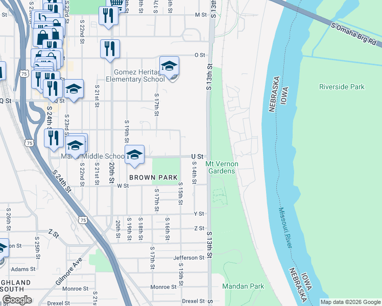 map of restaurants, bars, coffee shops, grocery stores, and more near 5601 South 15th Street in Omaha