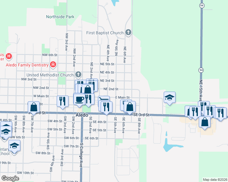 map of restaurants, bars, coffee shops, grocery stores, and more near 107 Northeast 5th Avenue in Aledo