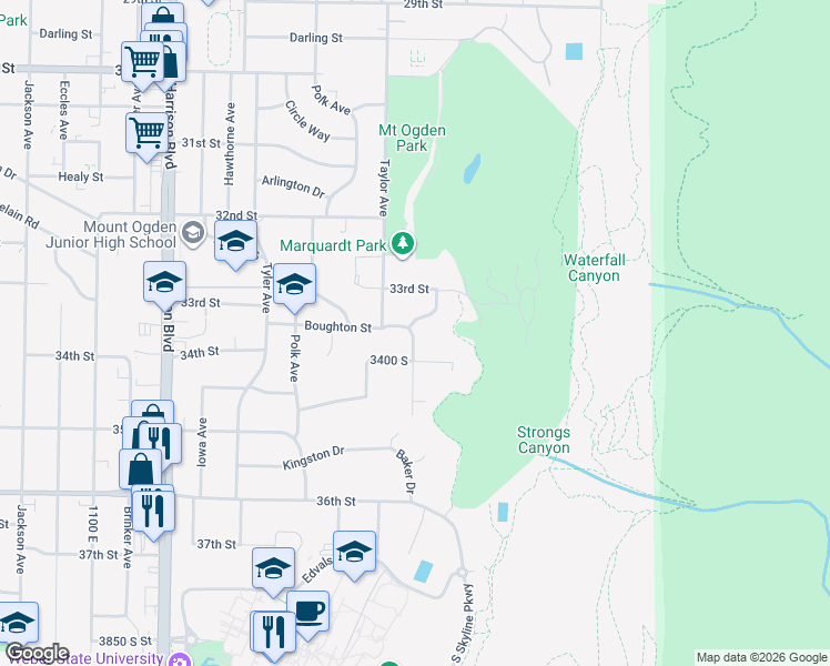 map of restaurants, bars, coffee shops, grocery stores, and more near 3362 Baker Drive in Ogden
