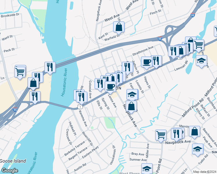 map of restaurants, bars, coffee shops, grocery stores, and more near in Milford