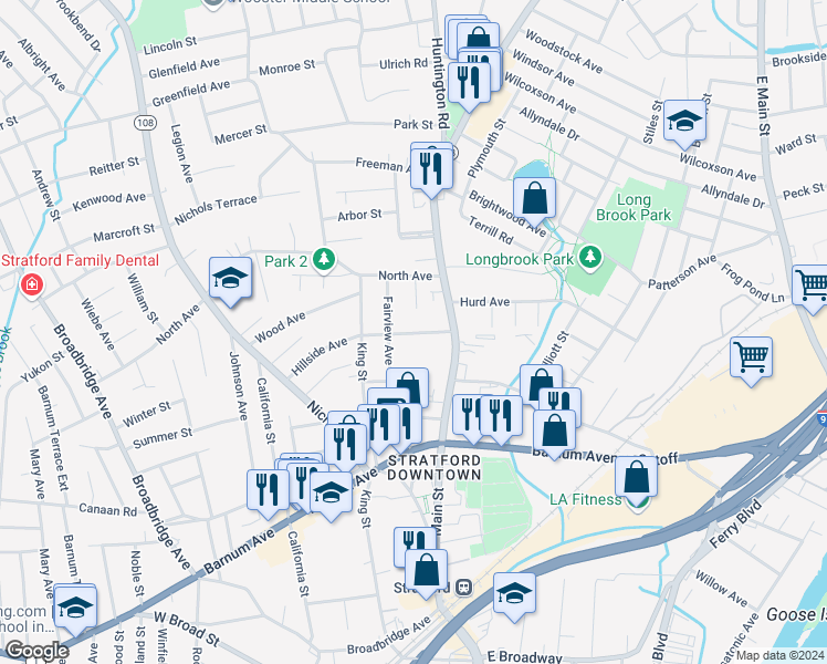 map of restaurants, bars, coffee shops, grocery stores, and more near 1083 Hillside Avenue in Stratford