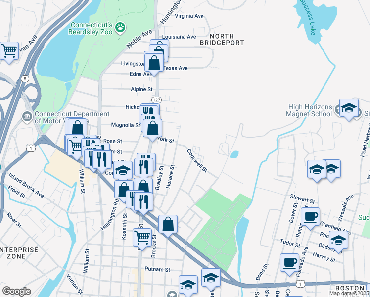 map of restaurants, bars, coffee shops, grocery stores, and more near 75 Cogswell Street in Bridgeport