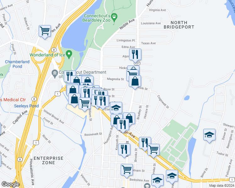 map of restaurants, bars, coffee shops, grocery stores, and more near 98 Palm Street in Bridgeport