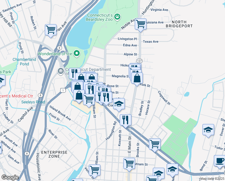 map of restaurants, bars, coffee shops, grocery stores, and more near 18 Palm Street in Bridgeport