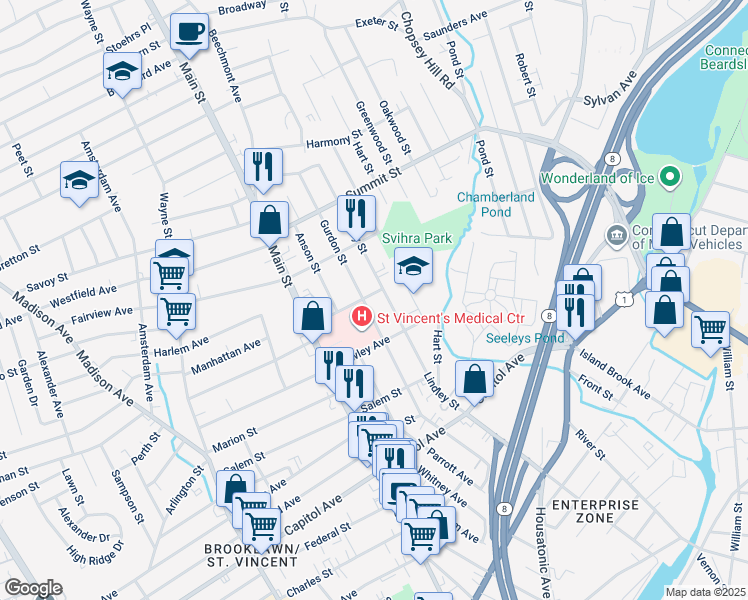 map of restaurants, bars, coffee shops, grocery stores, and more near 889 Lindley Street in Bridgeport