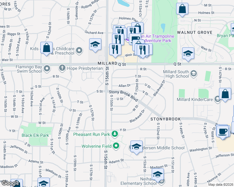 map of restaurants, bars, coffee shops, grocery stores, and more near 15364 U Street in Omaha