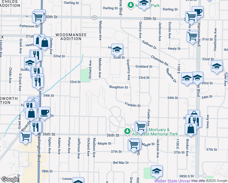 map of restaurants, bars, coffee shops, grocery stores, and more near 3365 South Monroe Boulevard in Ogden