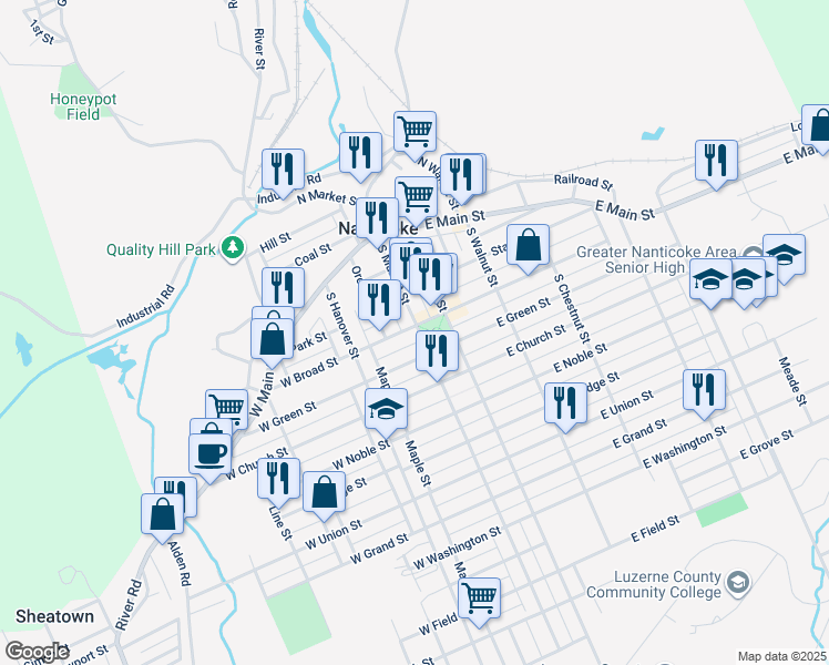 map of restaurants, bars, coffee shops, grocery stores, and more near 226 South Market Street in Nanticoke