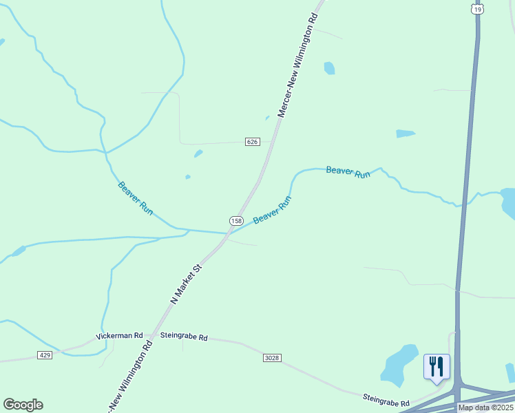 map of restaurants, bars, coffee shops, grocery stores, and more near 701 Mercer-New Wilmington Road in Mercer