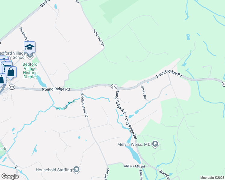 map of restaurants, bars, coffee shops, grocery stores, and more near 181 Pound Ridge Road in Bedford