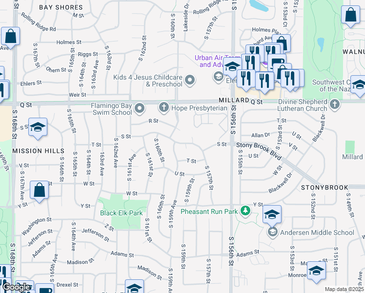 map of restaurants, bars, coffee shops, grocery stores, and more near 5409 South 159th Circle in Omaha