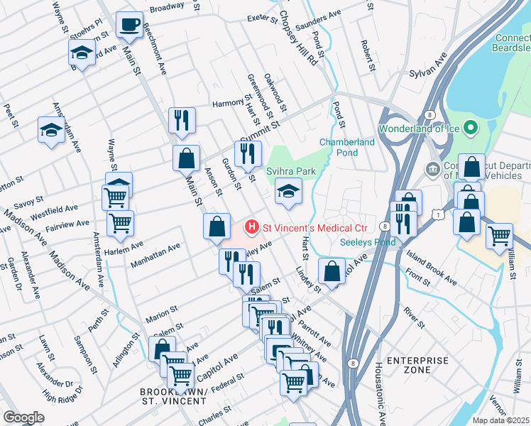 map of restaurants, bars, coffee shops, grocery stores, and more near 889 Lindley Street in Bridgeport