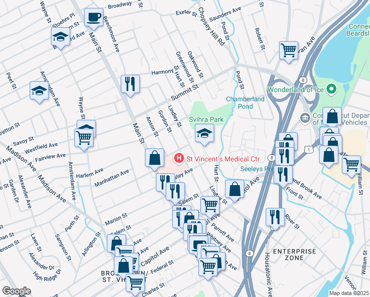 map of restaurants, bars, coffee shops, grocery stores, and more near 889 Lindley Street in Bridgeport