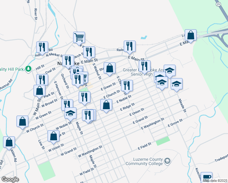 map of restaurants, bars, coffee shops, grocery stores, and more near 201 East Church Street in Nanticoke