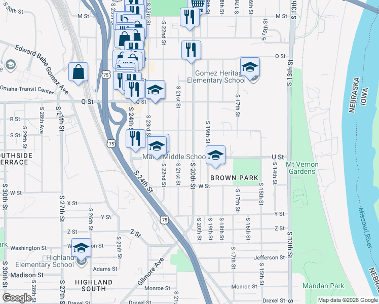 map of restaurants, bars, coffee shops, grocery stores, and more near 5603 South 20th Street in Omaha