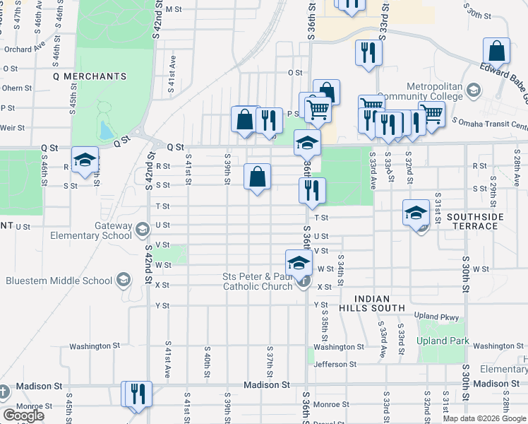 map of restaurants, bars, coffee shops, grocery stores, and more near 3708 U Street in Omaha