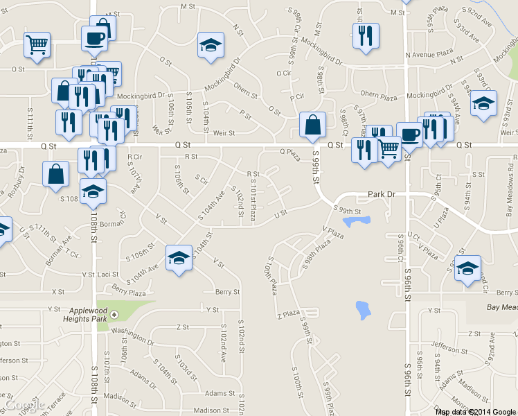 map of restaurants, bars, coffee shops, grocery stores, and more near 10015 T Plaza in Omaha