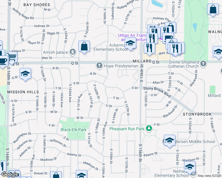 map of restaurants, bars, coffee shops, grocery stores, and more near 5409 South 159th Circle in Omaha