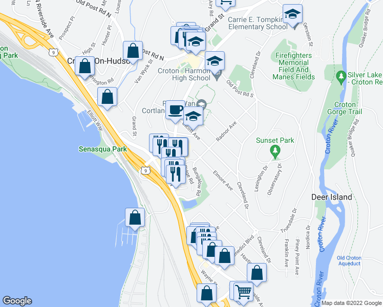 map of restaurants, bars, coffee shops, grocery stores, and more near 31 Ridge Road in Croton-on-Hudson