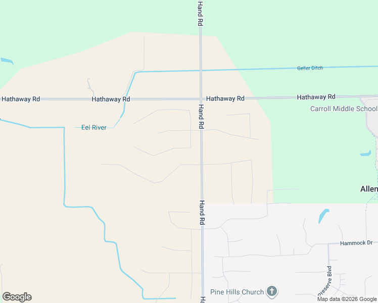 map of restaurants, bars, coffee shops, grocery stores, and more near 12709-13399 Hand Road in Fort Wayne