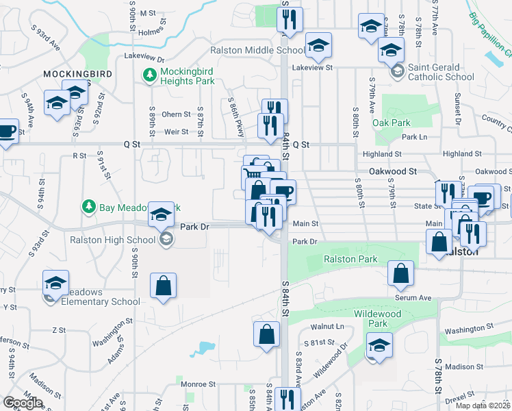map of restaurants, bars, coffee shops, grocery stores, and more near 8540 Park Drive in Omaha