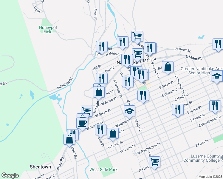 map of restaurants, bars, coffee shops, grocery stores, and more near 150 South Hanover Street in Nanticoke