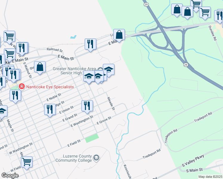 map of restaurants, bars, coffee shops, grocery stores, and more near 600 East Union Street in Nanticoke