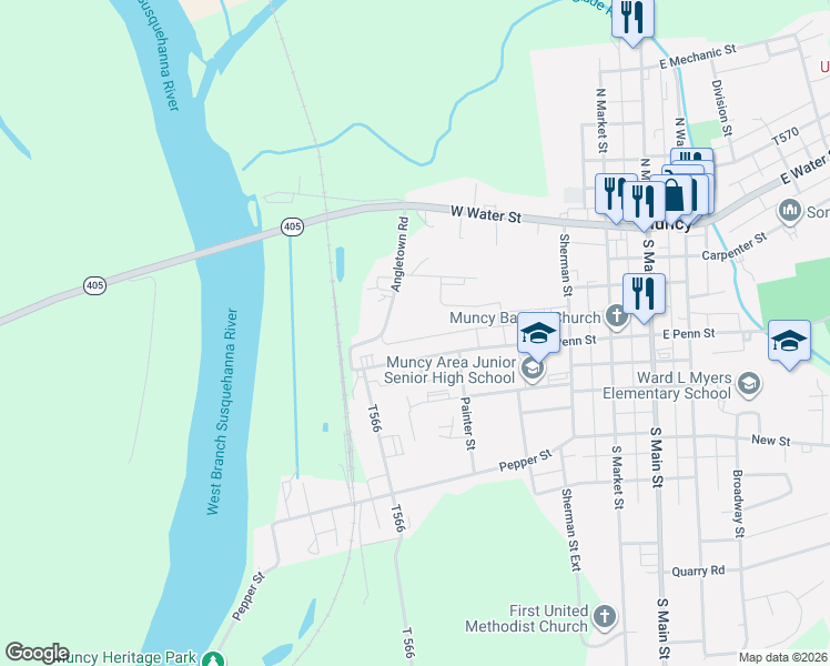 map of restaurants, bars, coffee shops, grocery stores, and more near 1-199 Swamp Alley in Muncy
